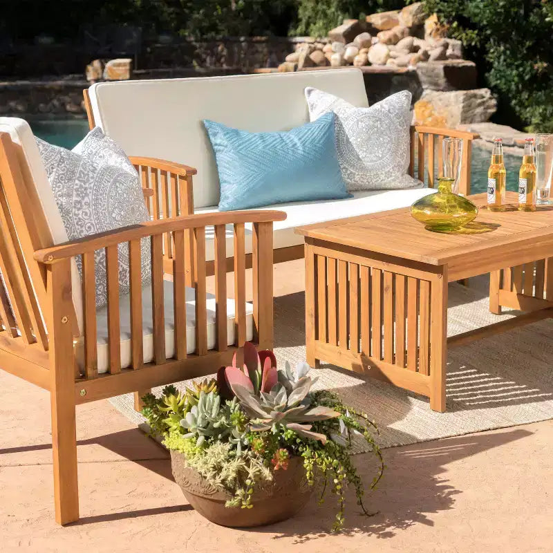 Christopher Knight Home Navan Outdoor Acacia Wood 4 Seater Chat Set with Water-Resistant Cushion