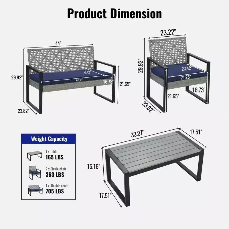 GDFStudio Elton Patio 4 pcs Steel and Rattan Conversation Set