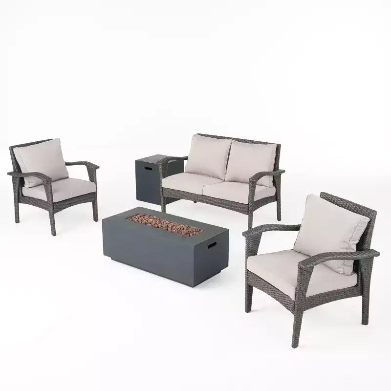 GDFStudio Lucerne Outdoor Wicker 4 Seater Chat Set with Fire Pit