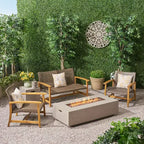 Christopher Knight Home Augusta Outdoor Acacia Wood and Wicker 4 Seater Chat Set with Fire Pit