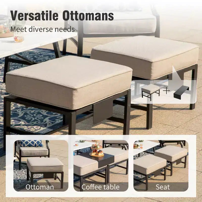 Captiva Designs 6pc Metal Patio Outdoor Conversation Set with Swivel Grid-back Chairs, Ottomans and Coffee Table