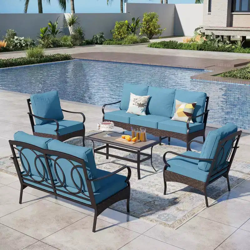 Ensemble de mobilier de patio extérieur 5 pièces extra-large Captiva Designs en métal et rotin, avec table basse et canapé 2 places
