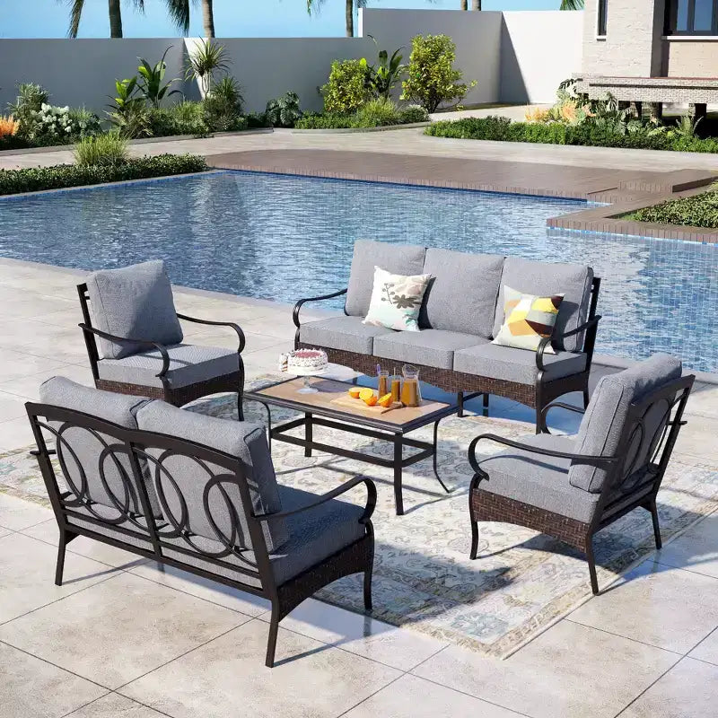 Ensemble de mobilier de patio extérieur 5 pièces extra-large Captiva Designs en métal et rotin, avec table basse et canapé 2 places