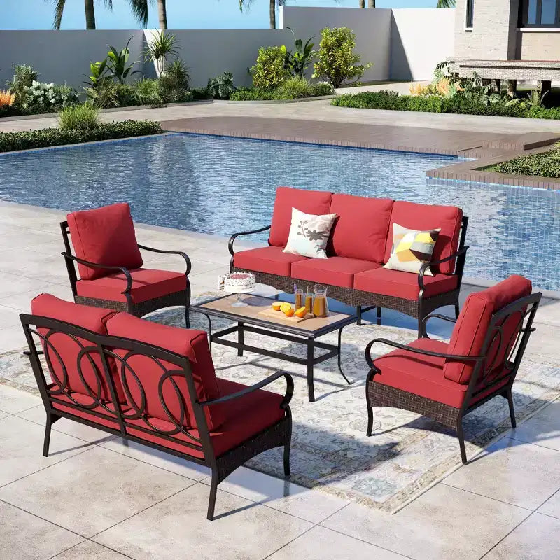 Ensemble de mobilier de patio extérieur 5 pièces extra-large Captiva Designs en métal et rotin, avec table basse et canapé 2 places