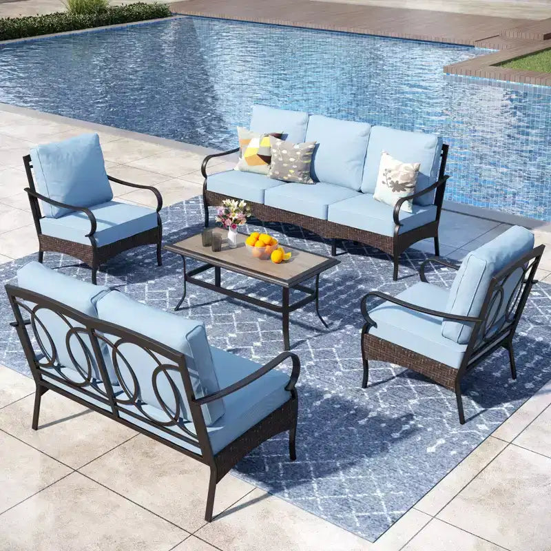 Ensemble de mobilier de patio extérieur 5 pièces extra-large Captiva Designs en métal et rotin, avec table basse et canapé 2 places