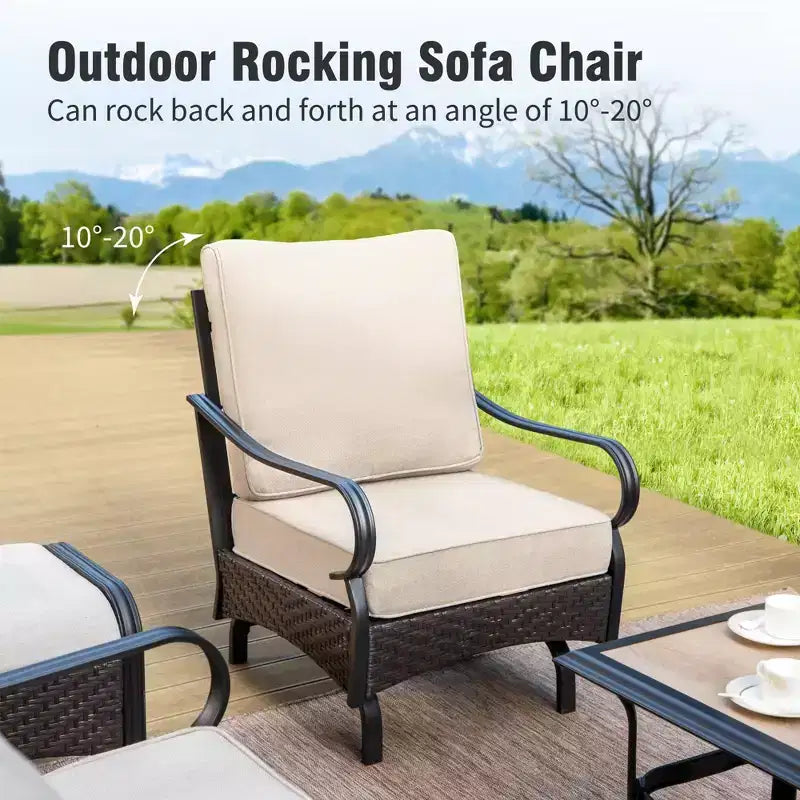 Captiva Designs 5pc Extra Large Metal and Rattan Outdoor Patio Conversation Set with Rocking Chairs and Loveseat