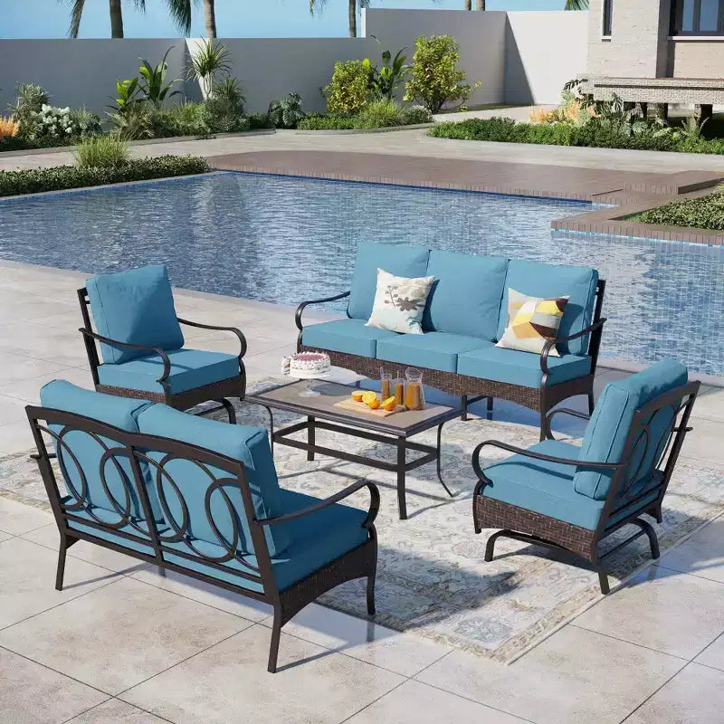 Captiva Designs, ensemble de conversation de patio d'extérieur extra-large en métal et rotin, 5 pièces, avec fauteuils à bascule et causeuse