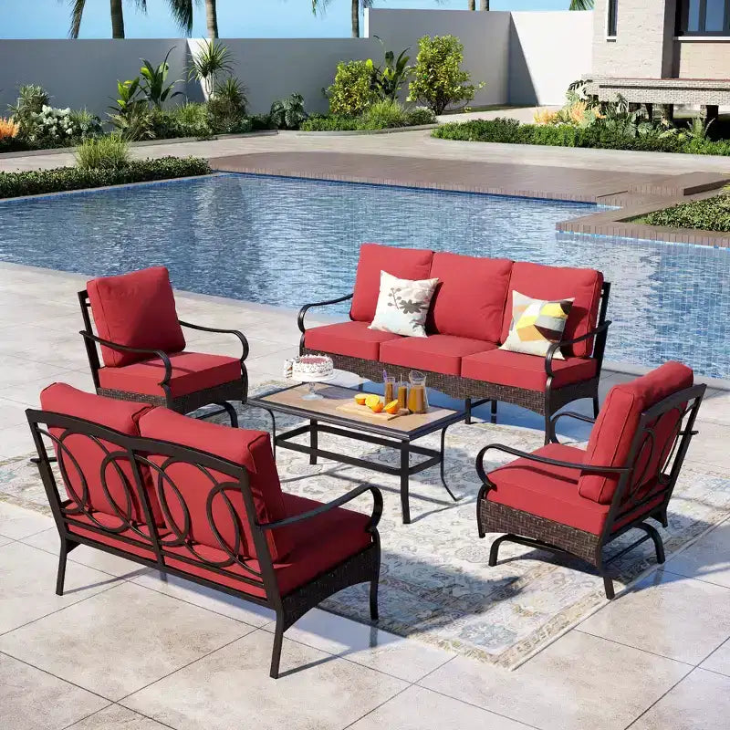 Captiva Designs, ensemble de conversation de patio d'extérieur extra-large en métal et rotin, 5 pièces, avec fauteuils à bascule et causeuse