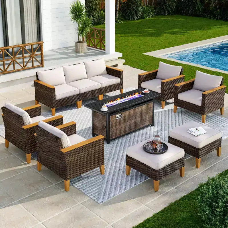 Captiva Designs 10pc Wicker Outdoor Patio Rattan Sectional Conversation Set with Fire Pit Table and Cushioned Ottoman