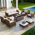 Captiva Designs 10pc Wicker Outdoor Patio Rattan Sectional Conversation Set with Fire Pit Table and Cushioned Ottoman