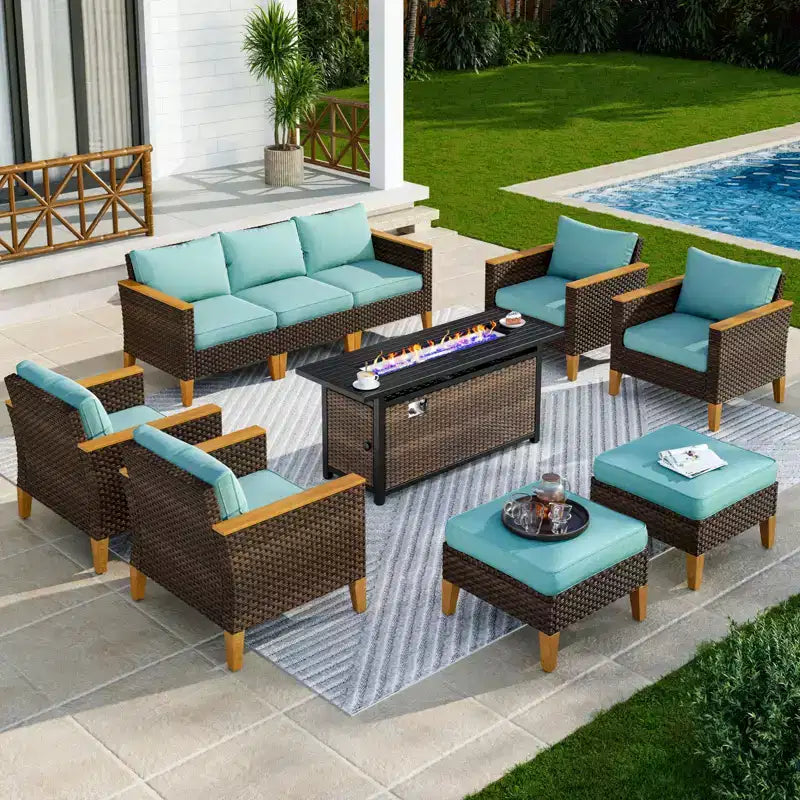Ensemble de salon de jardin extérieur modulaire en rotin et osier Captiva Designs 10 pièces avec table brasero et pouf rembourré