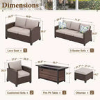 Captiva Designs 7pc Outdoor Patio Wicker Rattan Cushioned Sofa Fire Pit Set with Ottomans and Loveseat