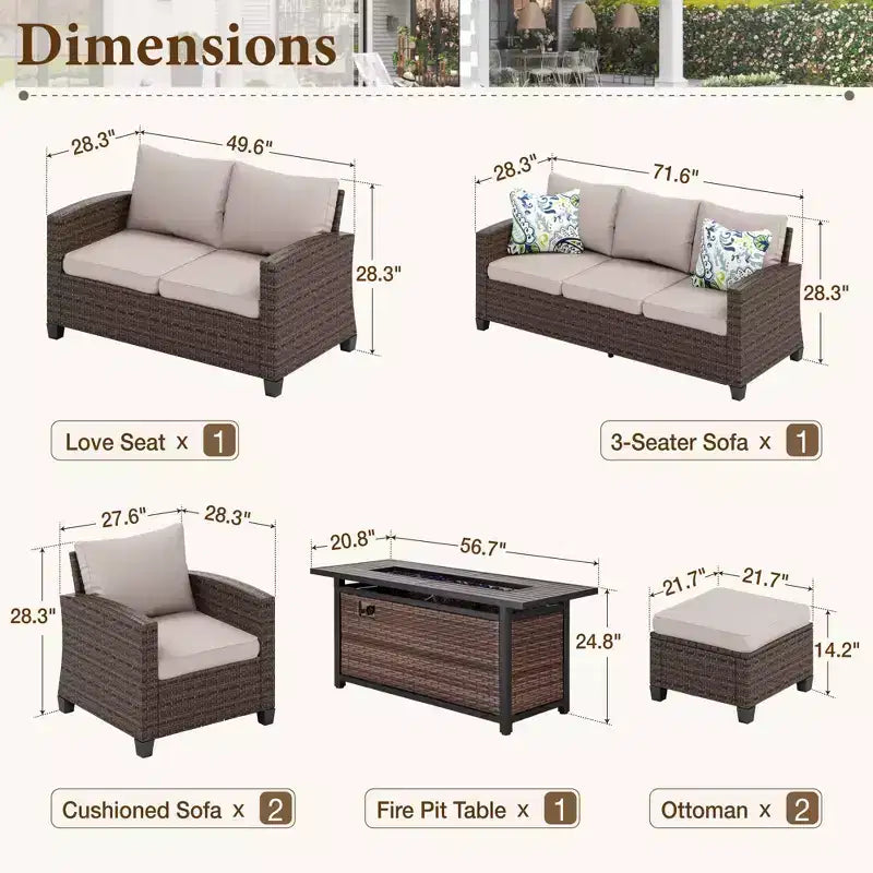 Captiva Designs 7pc Outdoor Patio Wicker Rattan Cushioned Sofa Fire Pit Set with Ottomans and Loveseat