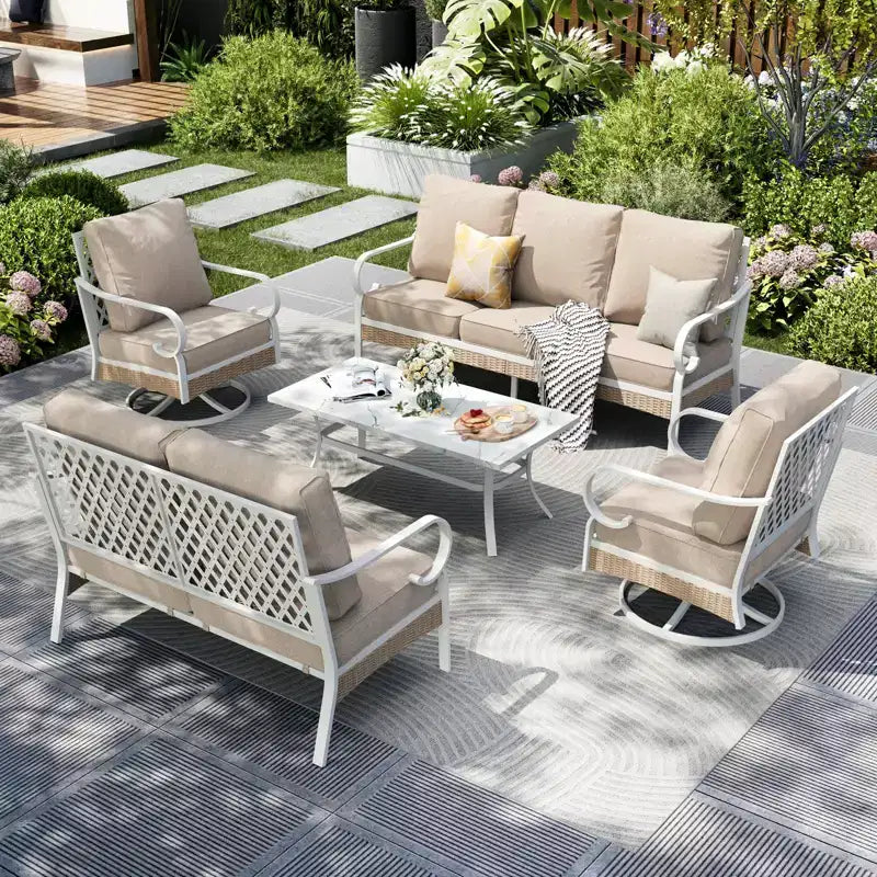 Captiva Designs 5pc Extra Large Metal and Rattan Outdoor Patio Conversation Set with Swivel Grid-back Chairs and Loveseat