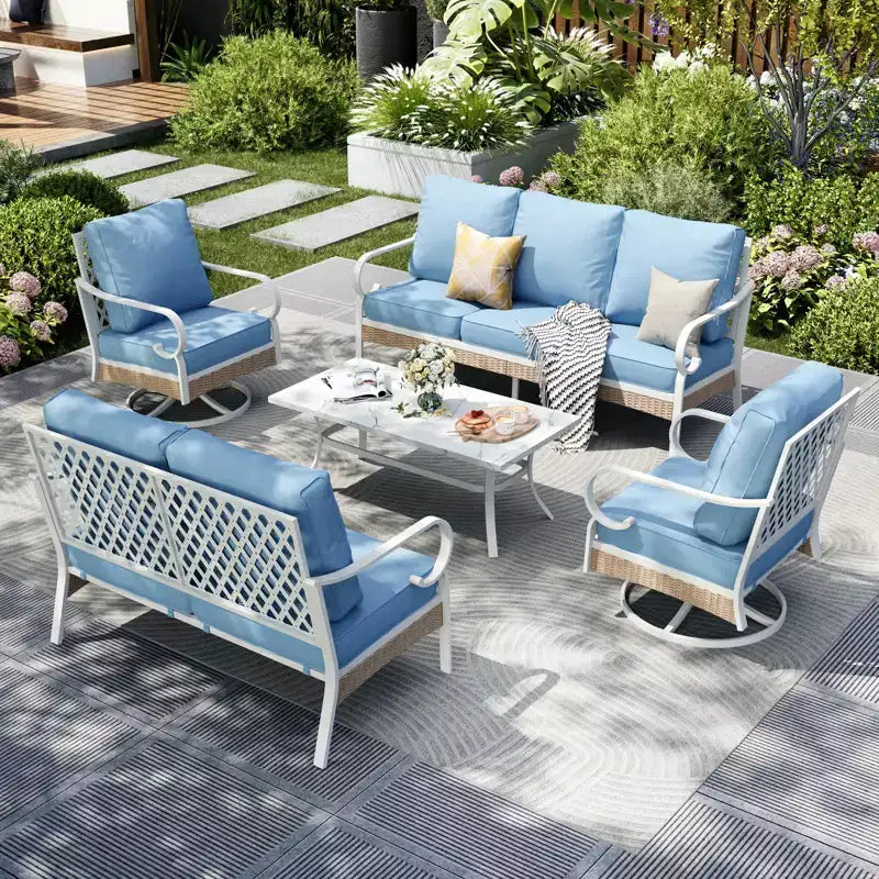 Captiva Designs 5pc Extra Large Metal and Rattan Outdoor Patio Conversation Set with Swivel Grid-back Chairs and Loveseat