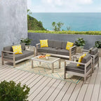 GDFStudio Crested Bay Outdoor Aluminum 7 Seater Chat Set with Cushions, Silver/Khaki