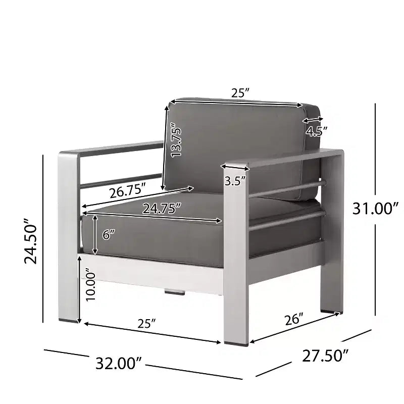 GDFStudio Crested Bay Outdoor Aluminum 7 Seater Chat Set with Cushions, Silver/Khaki