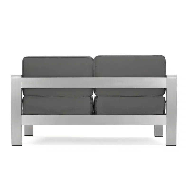 GDFStudio Crested Bay Outdoor Aluminum 7 Seater Chat Set with Cushions, Silver/Khaki