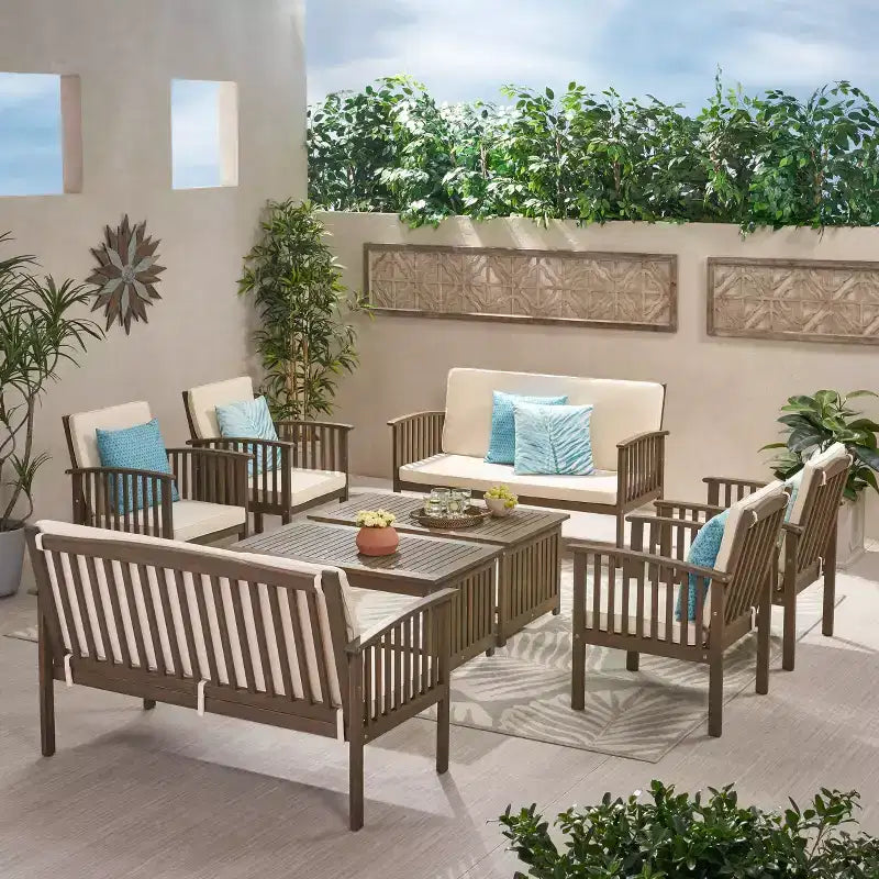 Christopher Knight Home Navan Outdoor Acacia Wood 8 Seater Chat Set with Water-Resistant Cushion