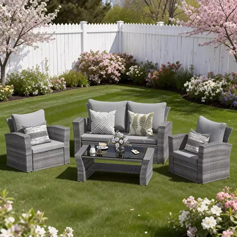 Heynemo 4 Piece Patio Furniture Sets, All-Weather Wicker Conversation Sets, Outdoor Rattan Sectional Sofa Chair with Coffee Table