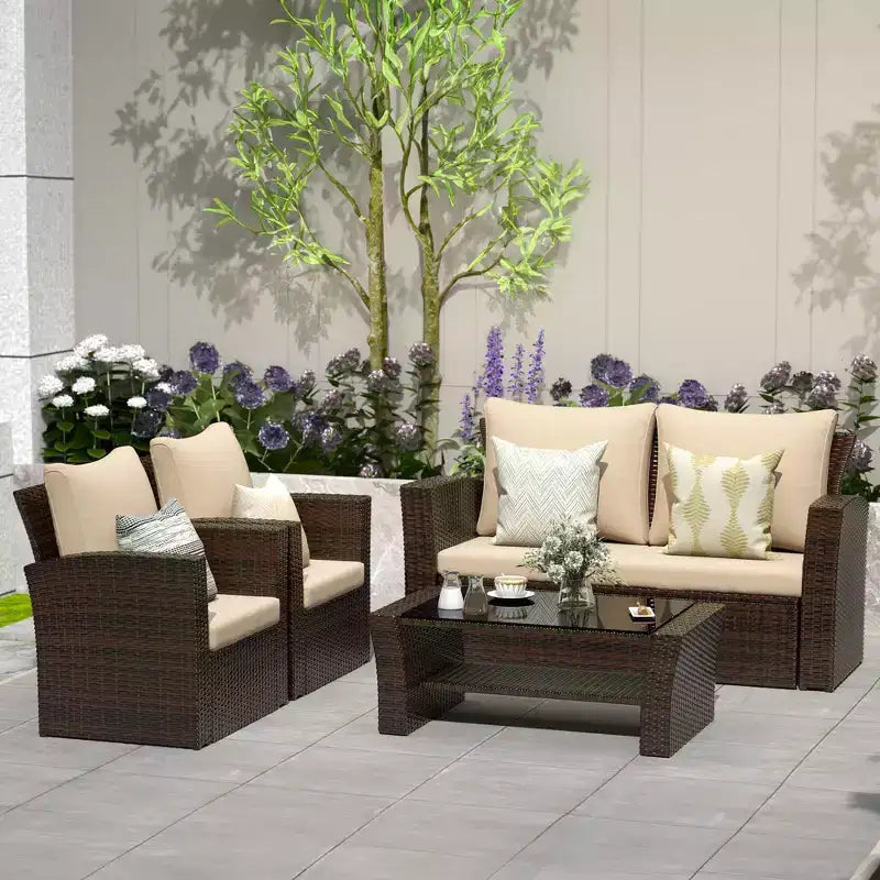 Heynemo 4 Piece Patio Furniture Sets, All-Weather Wicker Conversation Sets, Outdoor Rattan Sectional Sofa Chair with Coffee Table