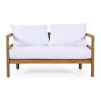 GDFStudio Aggie Outdoor Acacia Wood Loveseat and Coffee Table Set with Cushions, Teak/White