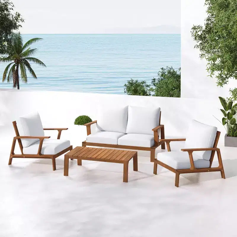 Scott Living Doris 4 Piece Outdoor Rustic Slat Design Acacia Wood Upholstered Seating Set