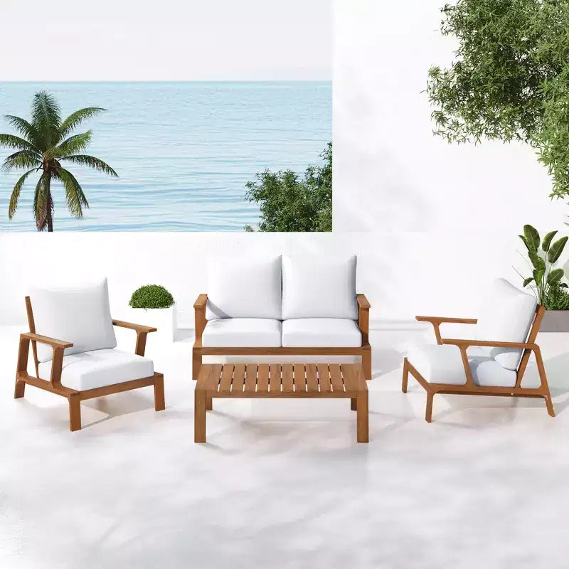 Scott Living Doris 4 Piece Outdoor Rustic Slat Design Acacia Wood Upholstered Seating Set