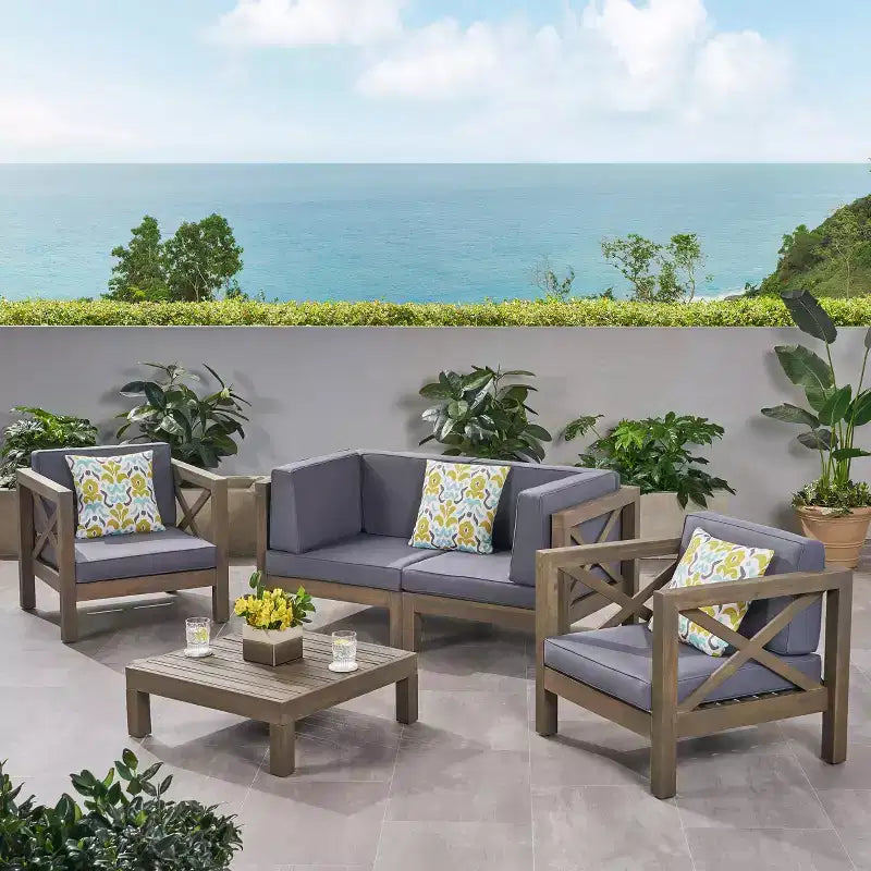 Christopher Knight Home Brava Outdoor Acacia Wood 4 Seater Chat Set with Cushions