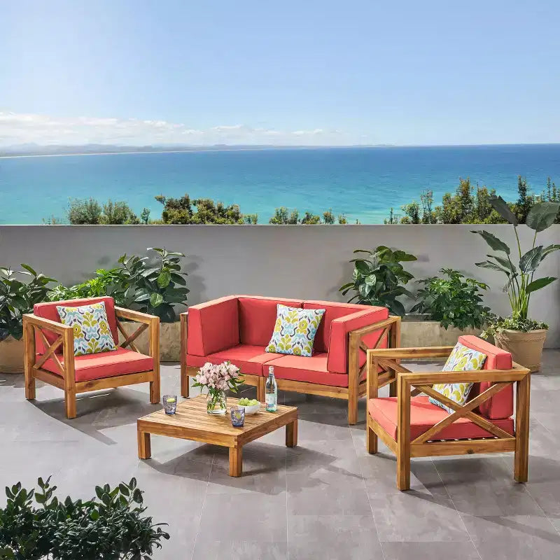 Christopher Knight Home Brava Outdoor Acacia Wood 4 Seater Chat Set with Cushions