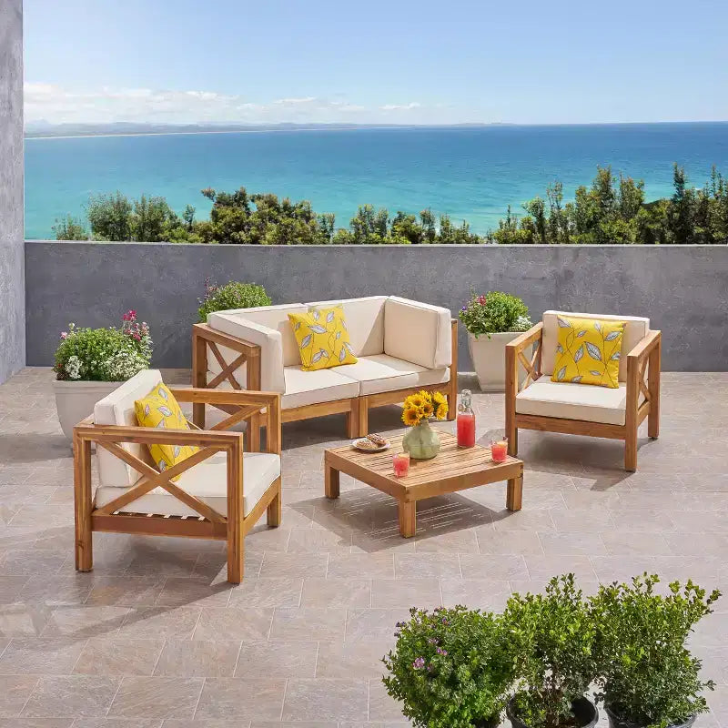 Christopher Knight Home Brava Outdoor Acacia Wood 4 Seater Chat Set with Cushions