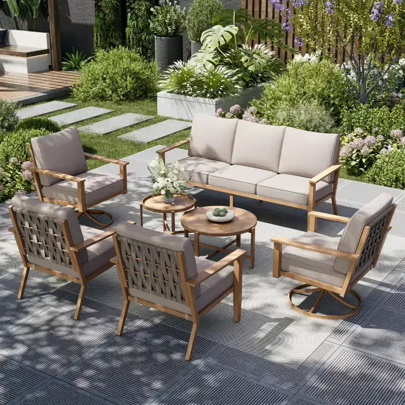 Captiva Designs 7PC Outdoor Patio Cross-Band Back Conversation Set with Thick Cushions for Deck, Garden, or Poolside