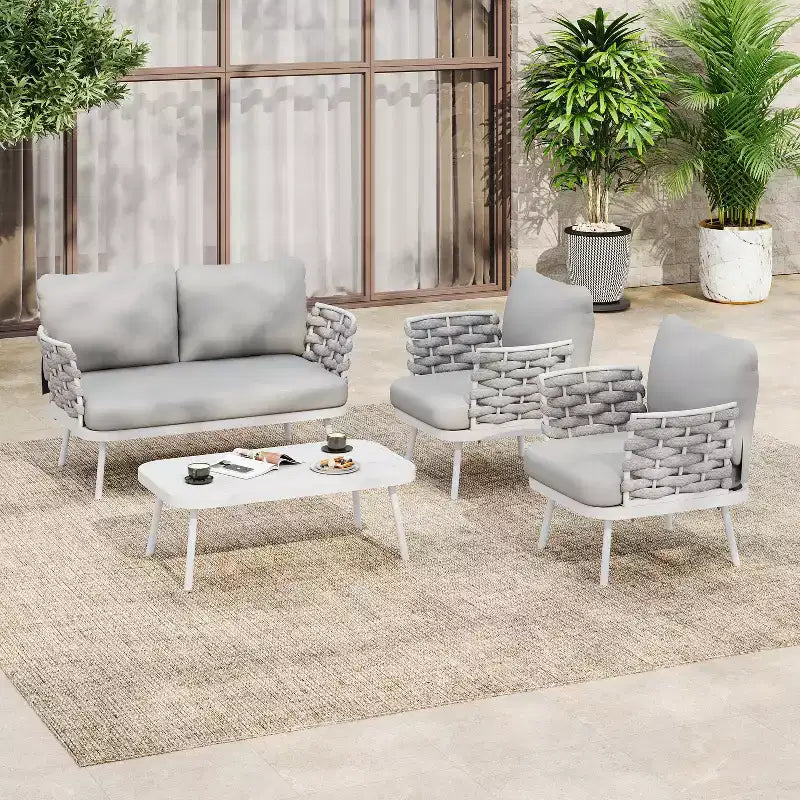 Christopher Knight Home Belle 4 Piece Modern Patio Metal and Rope Upholstered Seating Set with Coffee Table