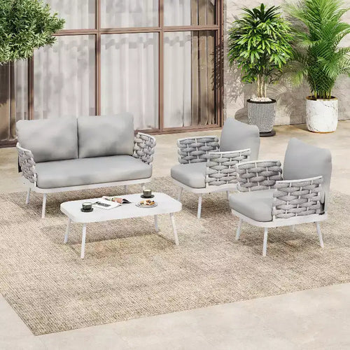 Christopher Knight Home Belle'i 4-osaline modernne terrassi metallist ja köiega polsterdatud istumiskomplekt koos diivanilauaga