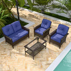 EAGLE PEAK 4 Piece Patio Rattan Furniture Conversation Set, Wicker Outdoor Couch and Chairs Set with Coffee Table