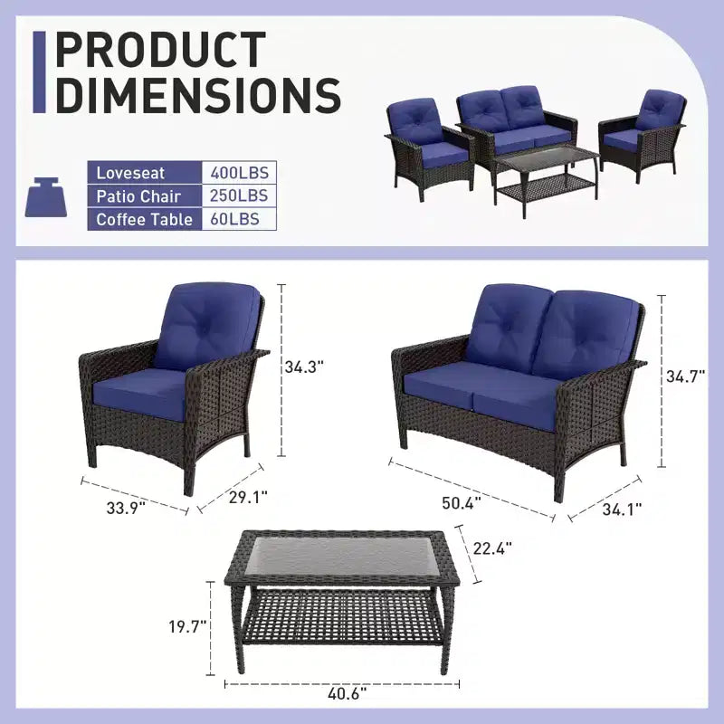EAGLE PEAK 4 Piece Patio Rattan Furniture Conversation Set, Wicker Outdoor Couch and Chairs Set with Coffee Table