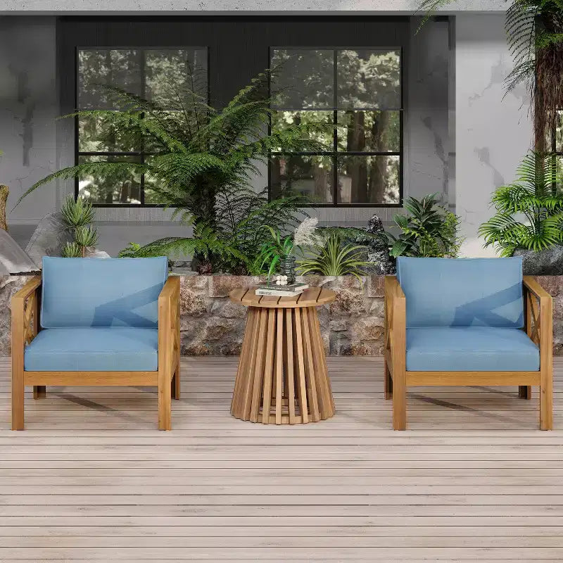 Christopher Knight Home Kairos 3-osaline üleminekustiilis akaatsiapuidust terrassimööblikomplekt klubitoolide ja ümara abilauaga