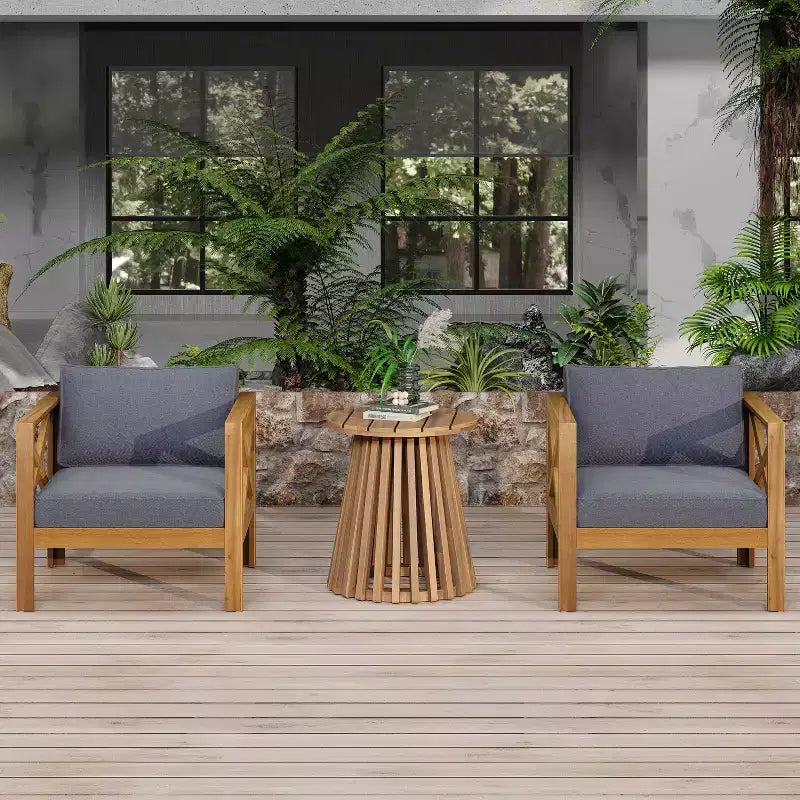 Christopher Knight Home Kairos 3-osaline üleminekustiilis akaatsiapuidust terrassimööblikomplekt klubitoolide ja ümara abilauaga