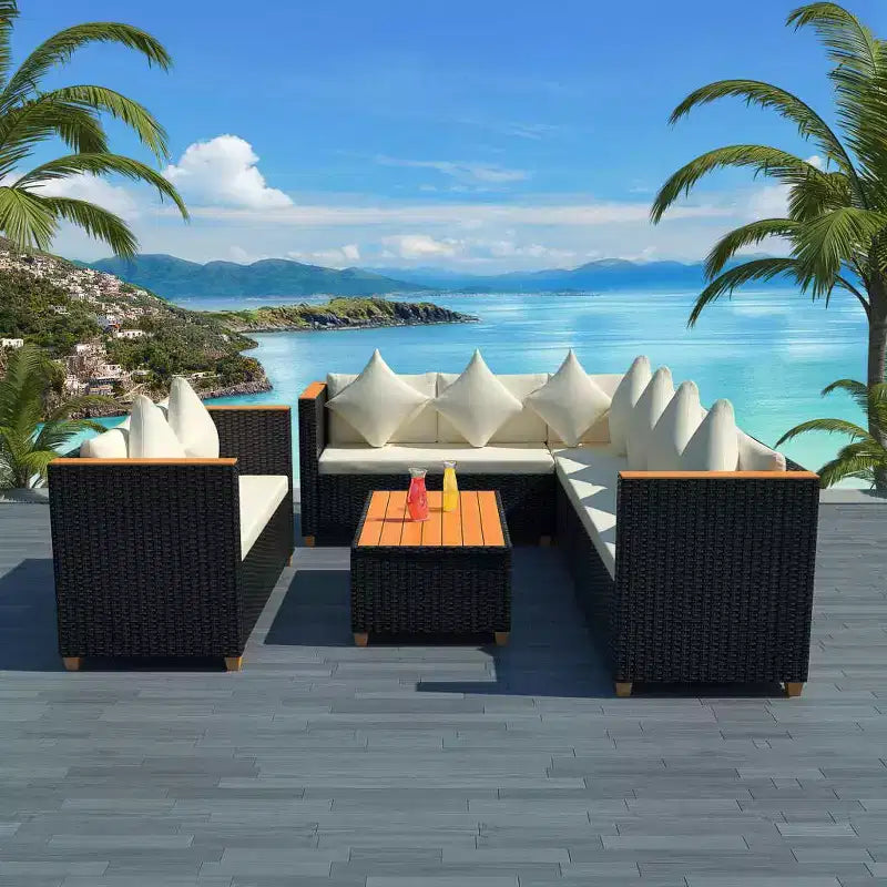 vidaXL 5 Piece Patio Lounge Set with Cushions Poly Rattan Black