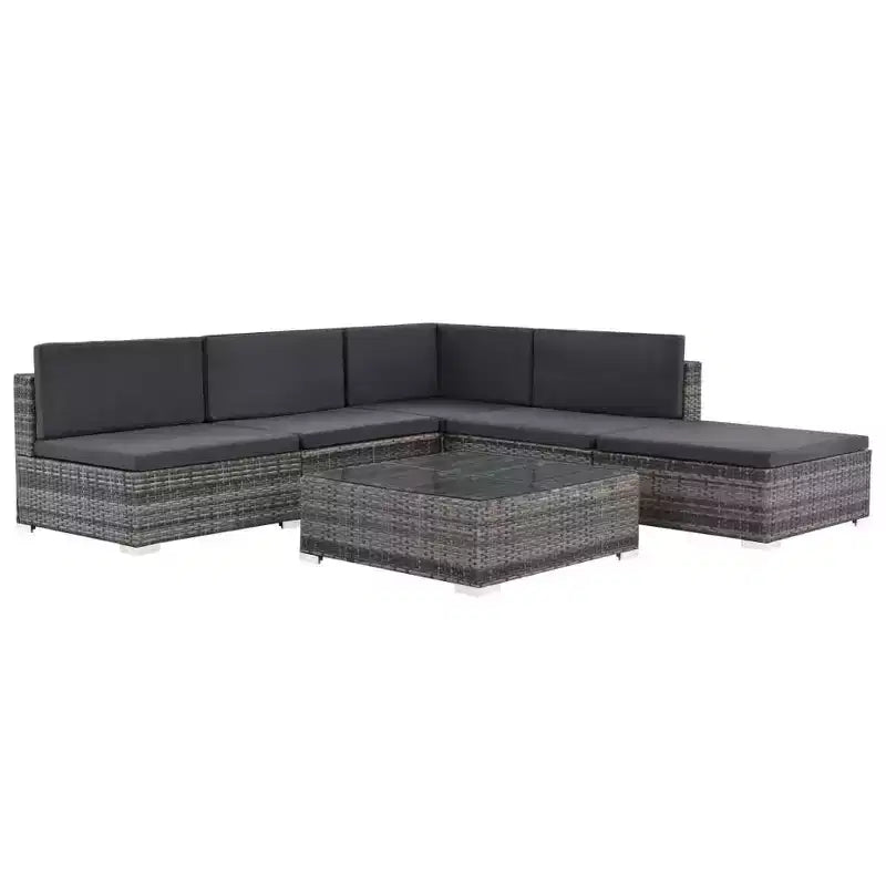 vidaXL Patio Lounge Set - 6-Piece Poly Rattan Gray Sectional Sofa Set with Coffee Table and Ottoman - Comfortable Outdoor Seating with Cushions