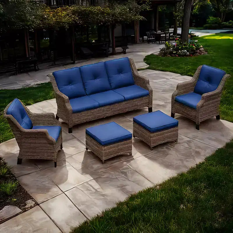 Ensemble de mobilier de patio Bestier, ensemble de conversation en osier 5 pièces avec coussin épais et poufs, fauteuils de canapé d'extérieur en rotin pour cour, jardin, véranda