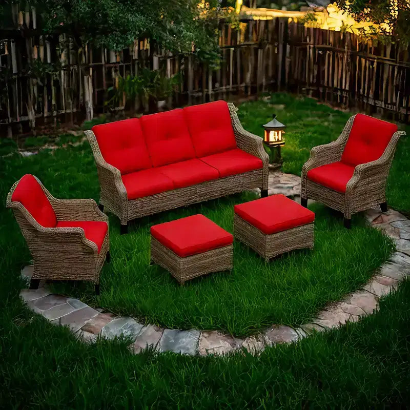 Ensemble de mobilier de patio Bestier, ensemble de conversation en osier 5 pièces avec coussin épais et poufs, fauteuils de canapé d'extérieur en rotin pour cour, jardin, véranda