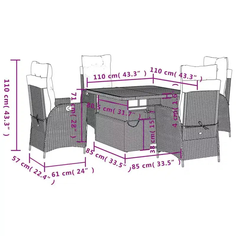 vidaXL 5 Piece Patio Dining Set with Cushions - Adjustable Reclining Chairs & Lift-up Table, Black Poly Rattan, Weather-Resistant Outdoor Furniture