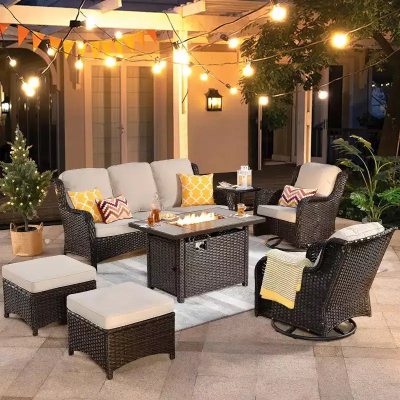 HOMLUX Outdoor Swivel Rocking Chairs with Fire Pit Table Set Patio Furniture Set