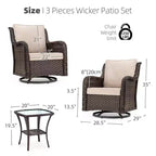 COZONY 3-Piece Outdoor Wicker Swivel Rocker Patio Set with 360 Swivel Rocking Chairs & Tempered Glass Side Table for Balcony Garden Deck