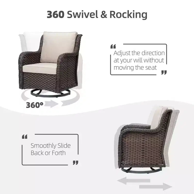 COZONY 3-Piece Outdoor Wicker Swivel Rocker Patio Set with 360 Swivel Rocking Chairs & Tempered Glass Side Table for Balcony Garden Deck
