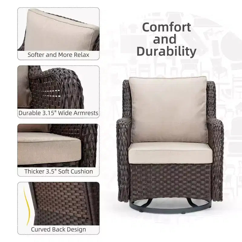 COZONY 3-Piece Outdoor Wicker Swivel Rocker Patio Set with 360 Swivel Rocking Chairs & Tempered Glass Side Table for Balcony Garden Deck