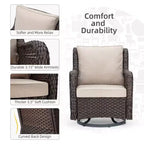 COZONY 3-Piece Outdoor Wicker Swivel Rocker Patio Set with 360 Swivel Rocking Chairs & Tempered Glass Side Table for Balcony Garden Deck