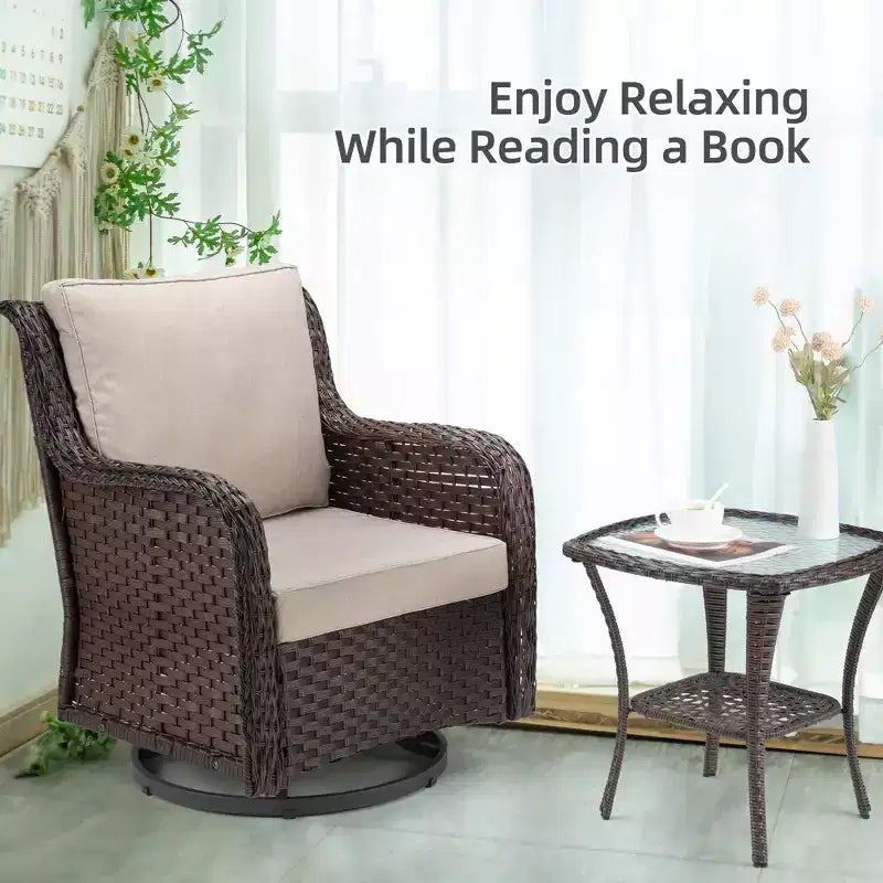 COZONY 3-Piece Outdoor Wicker Swivel Rocker Patio Set with 360 Swivel Rocking Chairs & Tempered Glass Side Table for Balcony Garden Deck