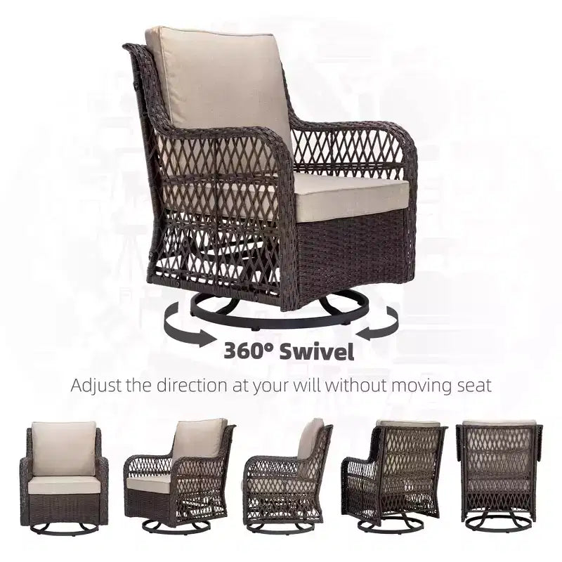 COZONY 3-Piece Outdoor Wicker Swivel Rocker Patio Set with 360 Swivel Rocking Chairs & Tempered Glass Side Table for Balcony Garden Deck